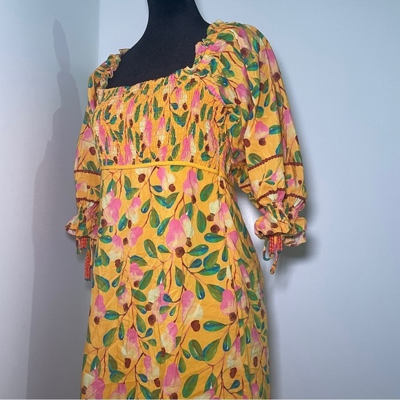 Farm Rio- Yellow Orange Mini Cashew Short Sleeve Smocked Midi Dress Size Medium - Picture 9 of 15